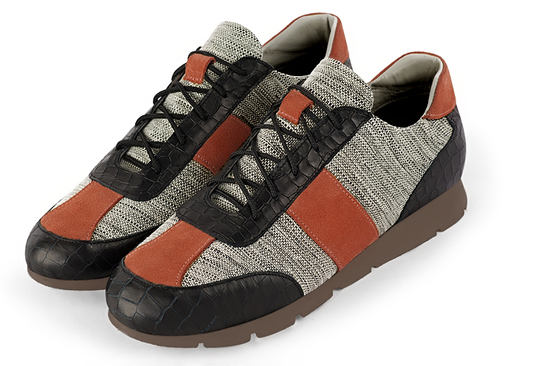 Satin black, ash grey and terracotta orange two-tone dress sneakers for men. Round toe. Flat rubber soles - Florence KOOIJMAN
